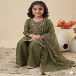 Girls Embroidered Crunch Silk Top Palazzo Set with Dupatta